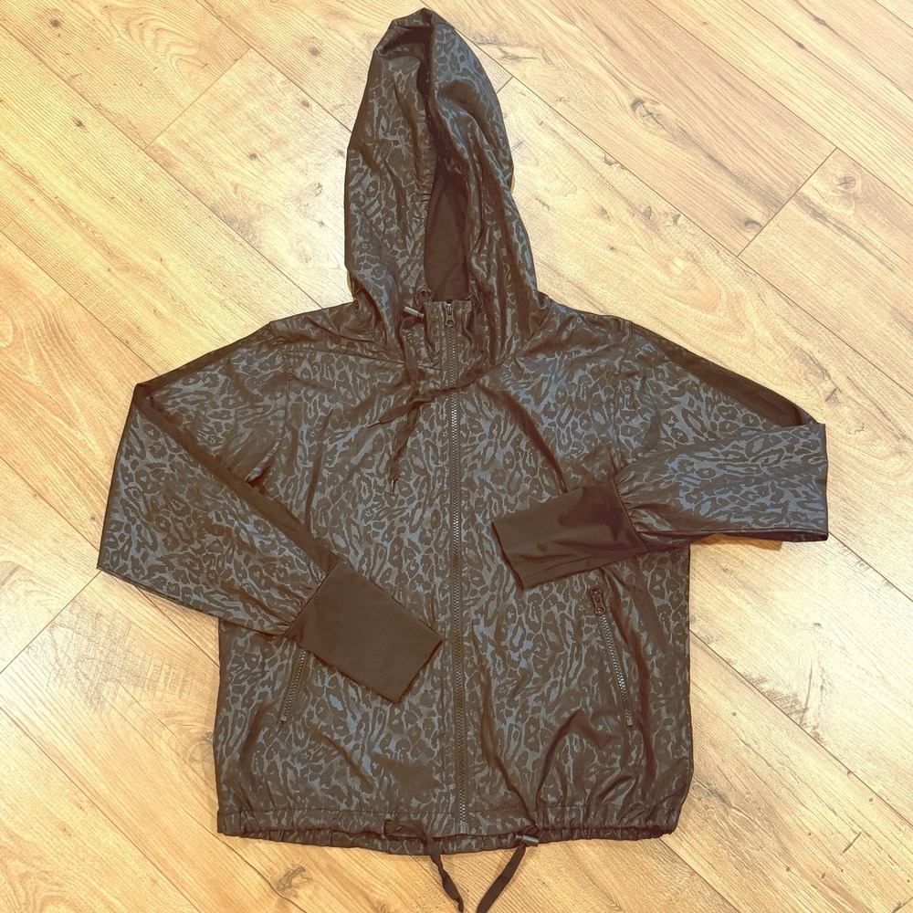 Zyia Active Size M‎ Black Leopard Windbreaker Bomber Jacket Hooded Lightweight